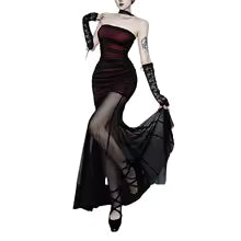 2026 New Dark Gothic Wine Red Strapless Mermaid Dress Mesh Patch Bodycon Wrap Hip Alt Party Maxi Dress