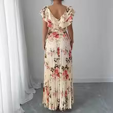 Women's Summer Hot Sale Digital Print Dress – Pleated Ruffled Waist Romantic Vacation Maxi Euro American