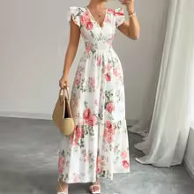 Summer Elegant Women's Floral Print V Neck Sleeveless Hoilday Beach Long Dress