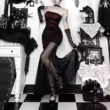 2026 New Dark Gothic Wine Red Strapless Mermaid Dress Mesh Patch Bodycon Wrap Hip Alt Party Maxi Dress