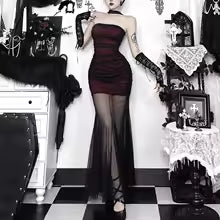 2026 New Dark Gothic Wine Red Strapless Mermaid Dress Mesh Patch Bodycon Wrap Hip Alt Party Maxi Dress
