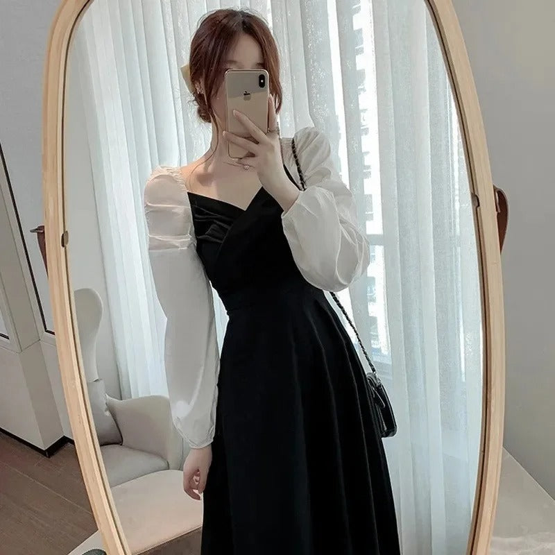 Elegant V-Neck Long Black Dress Women's Spring Autumn New Vintage Style Black Elegant Dress Over Knee Length Dress 25 sales from other sites