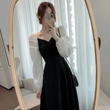 Load image into Gallery viewer, Elegant V-Neck Long Black Dress Women's Spring Autumn New Vintage Style Black Elegant Dress Over Knee Length Dress 25 sales from other sites