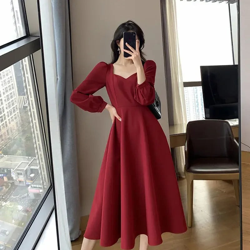 Elegant V-Neck Long Black Dress Women's Spring Autumn New Vintage Style Black Elegant Dress Over Knee Length Dress 25 sales from other sites
