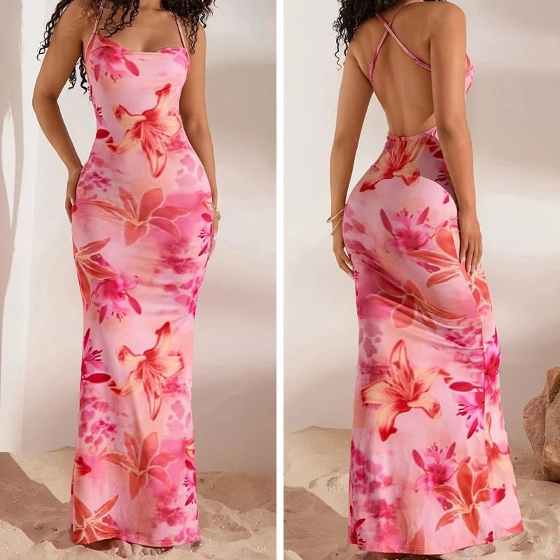 Pink Floral Printed Women's Elegant Off-Shoulder Backless Mermaid Dress, Halterneck A-Line Silhouette Spaghetti Straps Dress