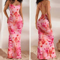 Pink Floral Printed Women's Elegant Off-Shoulder Backless Mermaid Dress, Halterneck A-Line Silhouette Spaghetti Straps Dress