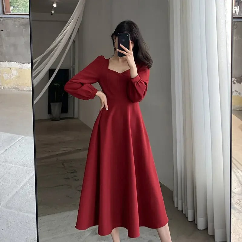 Elegant V-Neck Long Black Dress Women's Spring Autumn New Vintage Style Black Elegant Dress Over Knee Length Dress 25 sales from other sites