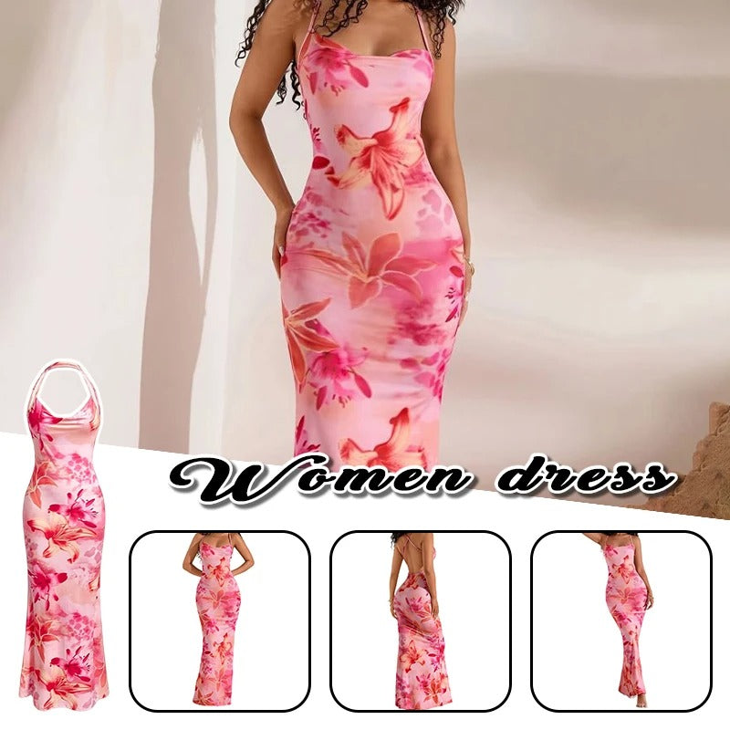Pink Floral Printed Women's Elegant Off-Shoulder Backless Mermaid Dress, Halterneck A-Line Silhouette Spaghetti Straps Dress