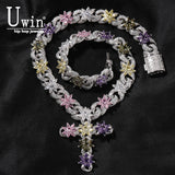 Load image into Gallery viewer, Colorful Flower Cuban Chain Full Paved Iced Out Bling Cubic Zirconia Cross Charms Baguette CZ Cuban Chain HipHop Jewelry