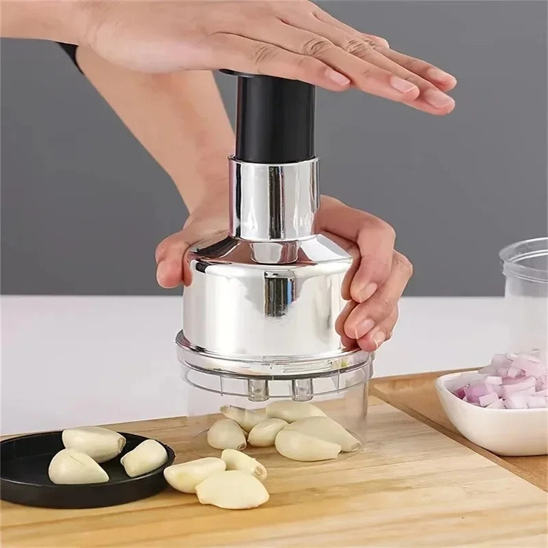 Vertical Hand Press Manual Garlic Vegetable Chopper With Storage Box
