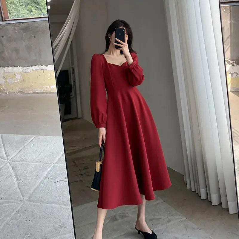 Elegant V-Neck Long Black Dress Women's Spring Autumn New Vintage Style Black Elegant Dress Over Knee Length Dress 25 sales from other sites