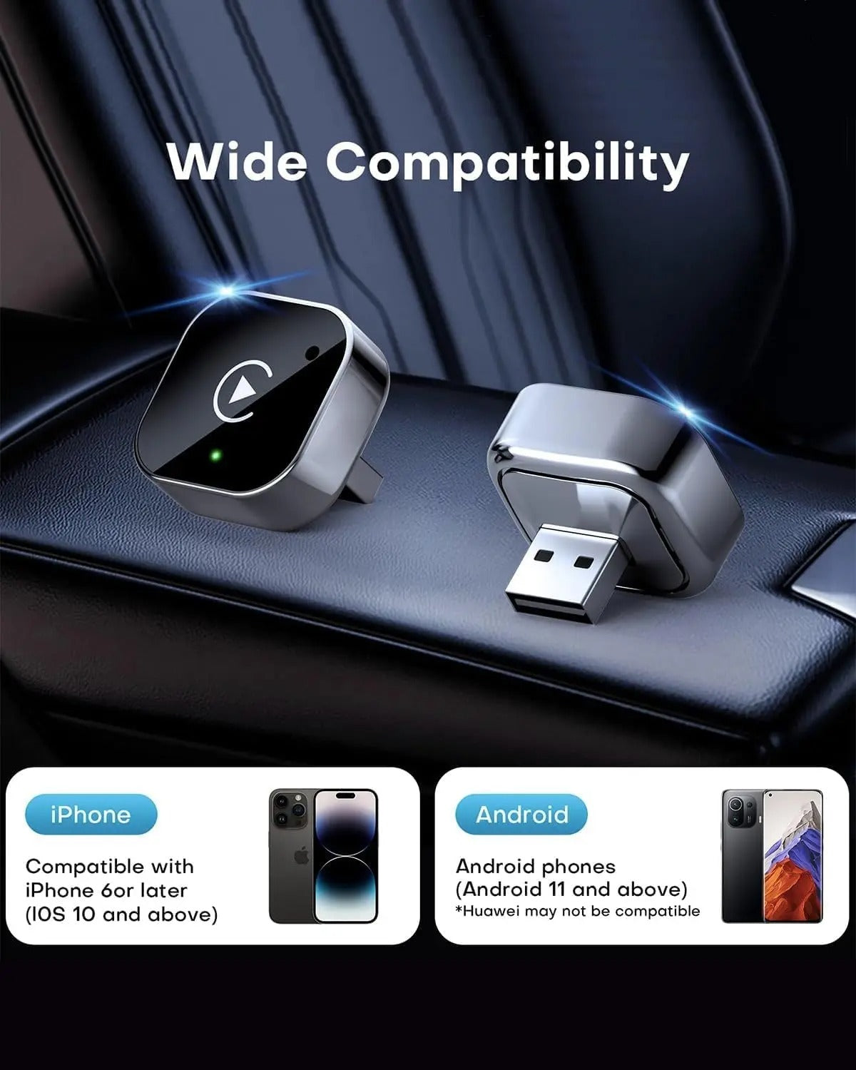 Wireless CarPlay & Android Auto Dongle, Fast Auto-Connect, Compact Plug & Play for iPhone/Android, USB/USB-C, No Delay, Black (1