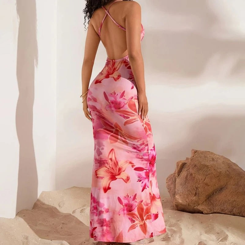 Pink Floral Printed Women's Elegant Off-Shoulder Backless Mermaid Dress, Halterneck A-Line Silhouette Spaghetti Straps Dress
