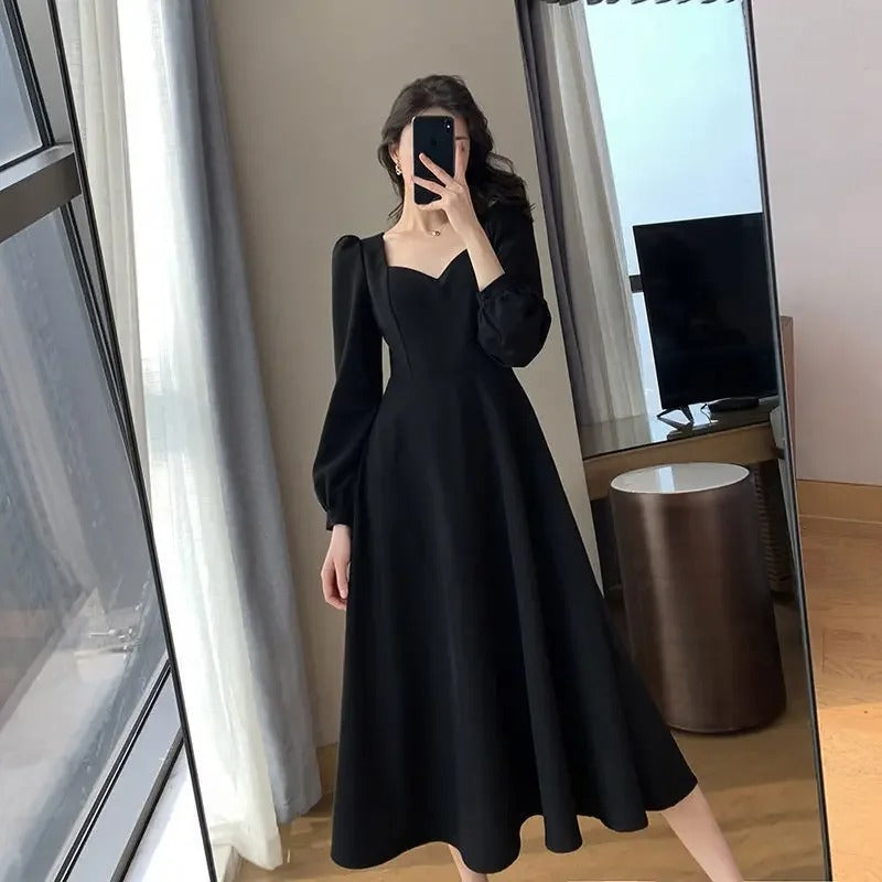 Elegant V-Neck Long Black Dress Women's Spring Autumn New Vintage Style Black Elegant Dress Over Knee Length Dress 25 sales from other sites