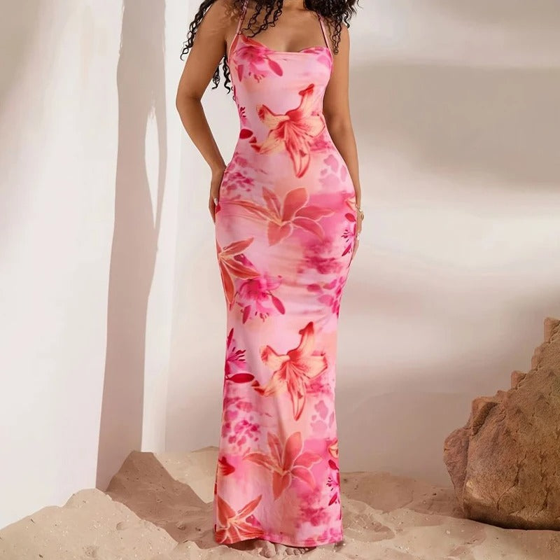 Pink Floral Printed Women's Elegant Off-Shoulder Backless Mermaid Dress, Halterneck A-Line Silhouette Spaghetti Straps Dress