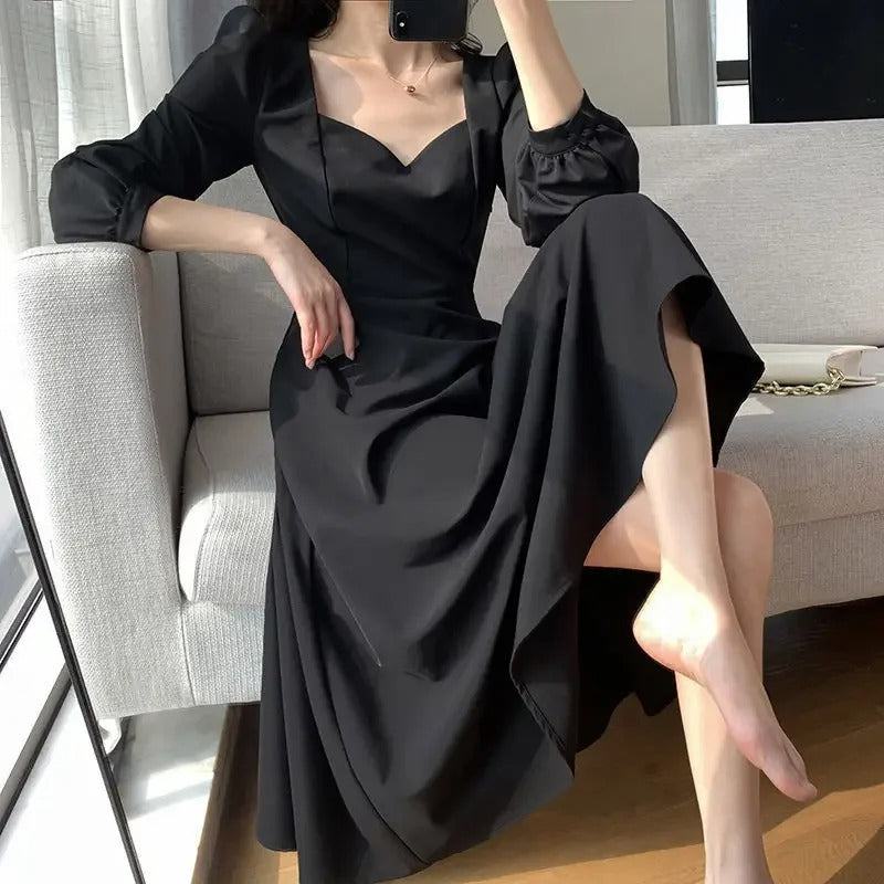 Elegant V-Neck Long Black Dress Women's Spring Autumn New Vintage Style Black Elegant Dress Over Knee Length Dress 25 sales from other sites