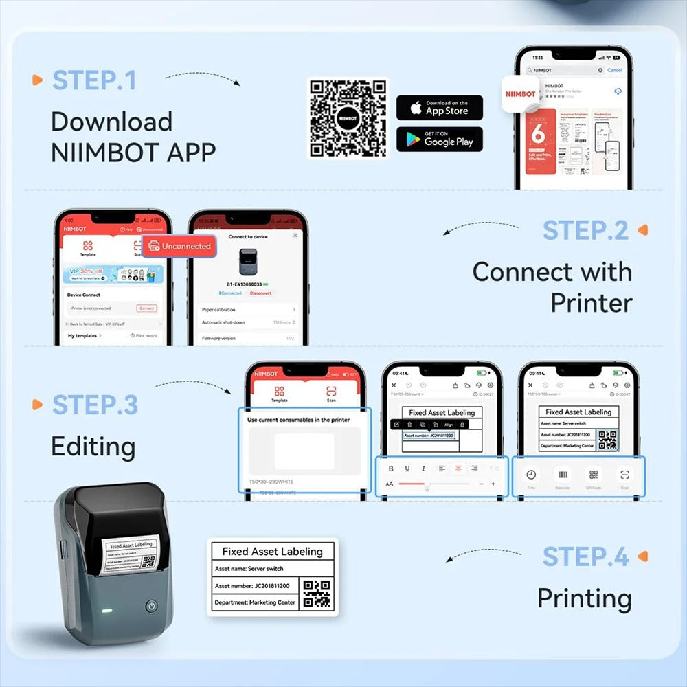 NIIMBOT B1 Portable Thermal Printer With Tapes 2 Inch Adhesive Label Printer Mini Bluetooth Sticker Maker Support Smartphones PC