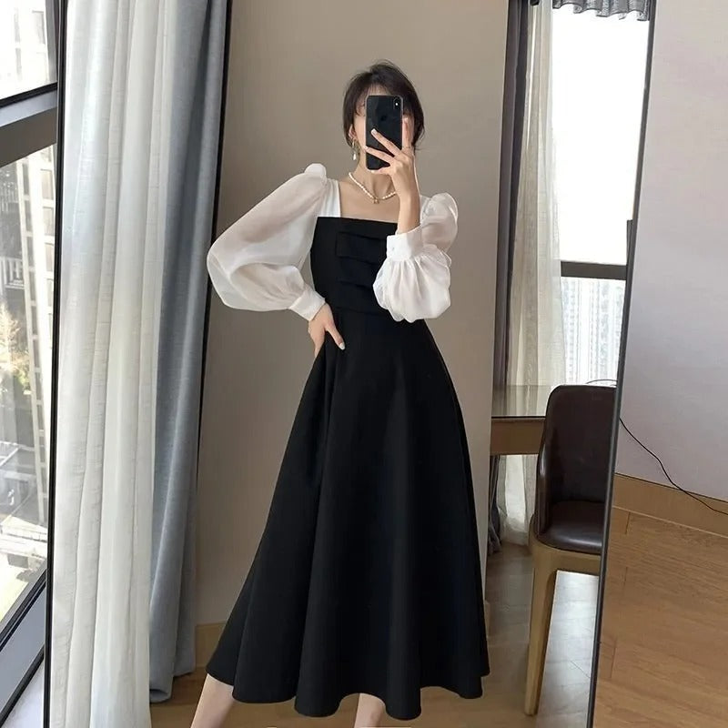 Elegant V-Neck Long Black Dress Women's Spring Autumn New Vintage Style Black Elegant Dress Over Knee Length Dress 25 sales from other sites