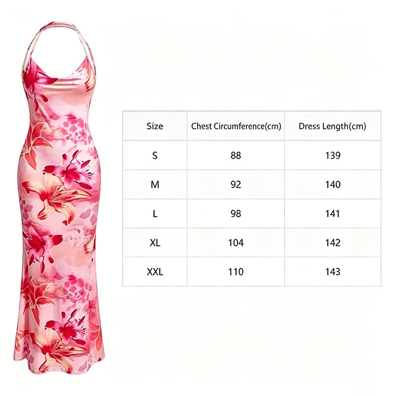 Pink Floral Printed Women's Elegant Off-Shoulder Backless Mermaid Dress, Halterneck A-Line Silhouette Spaghetti Straps Dress