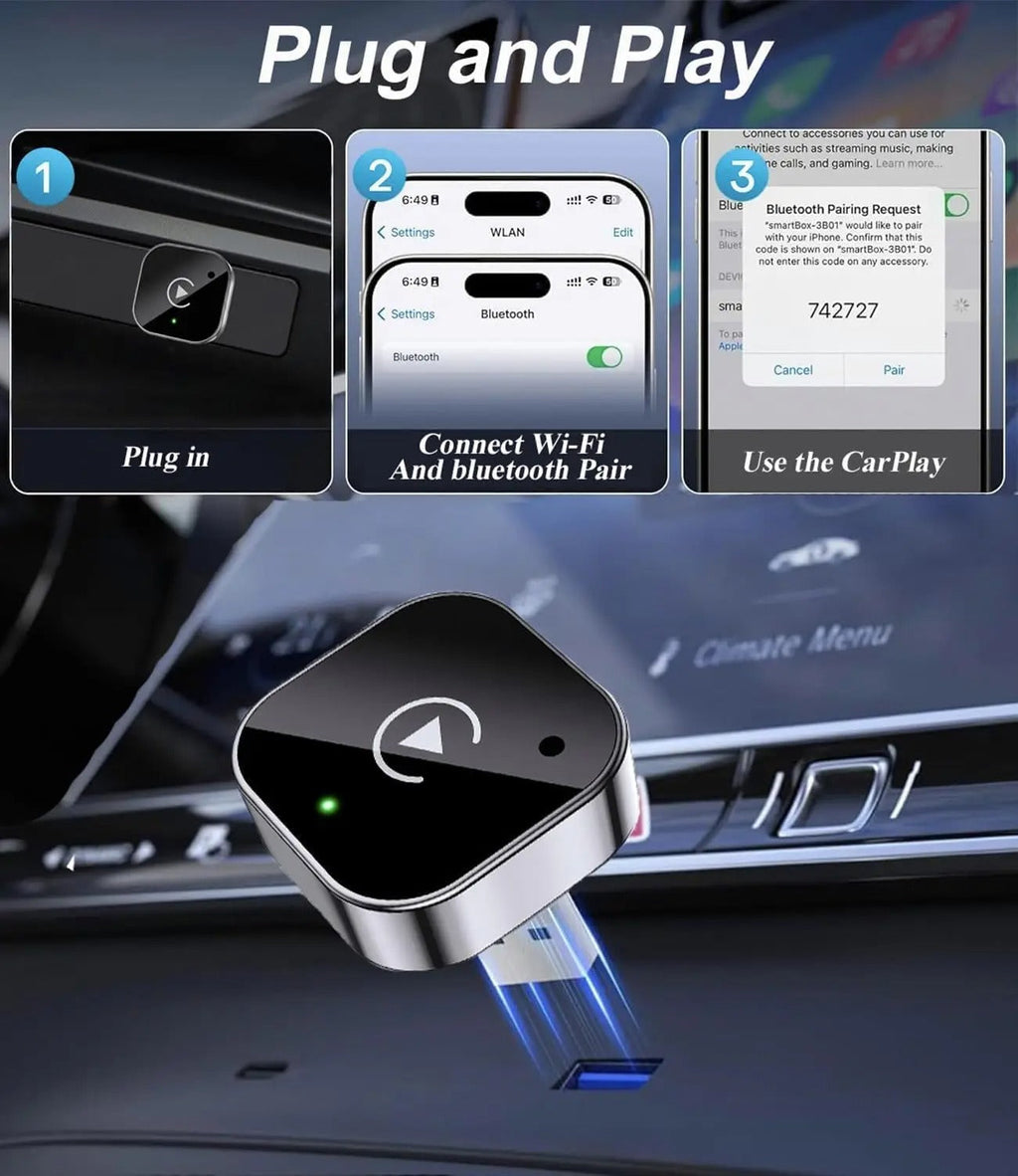 Wireless CarPlay & Android Auto Dongle, Fast Auto-Connect, Compact Plug & Play for iPhone/Android, USB/USB-C, No Delay, Black (1