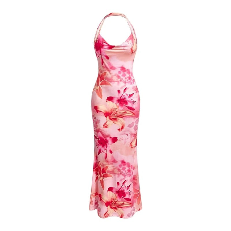 Pink Floral Printed Women's Elegant Off-Shoulder Backless Mermaid Dress, Halterneck A-Line Silhouette Spaghetti Straps Dress