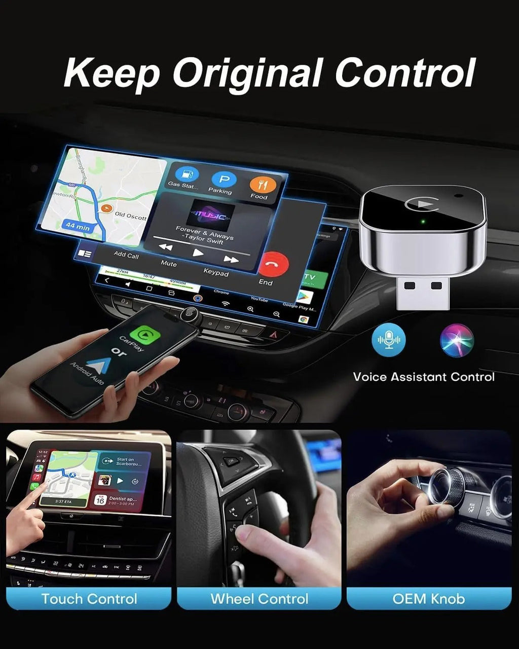 Wireless CarPlay & Android Auto Dongle, Fast Auto-Connect, Compact Plug & Play for iPhone/Android, USB/USB-C, No Delay, Black (1