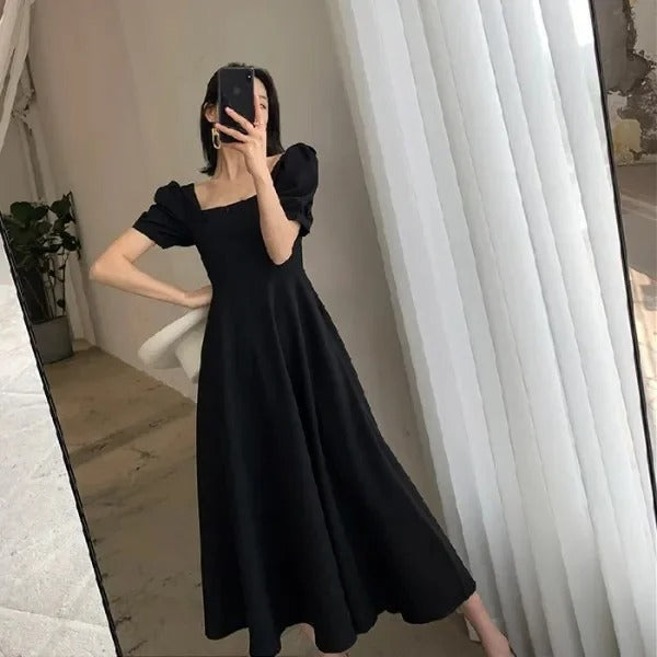 Elegant V-Neck Long Black Dress Women's Spring Autumn New Vintage Style Black Elegant Dress Over Knee Length Dress 25 sales from other sites